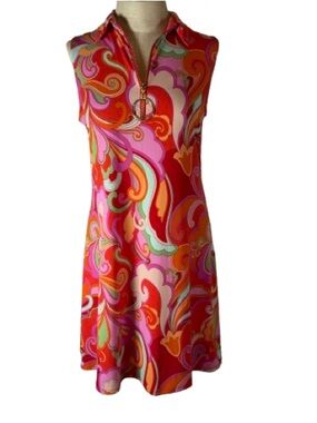 Msk Sleeveless Retro psychedelic groovy Swirl 60s inspo Dress Pink & Red small